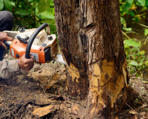 Man with chainsaw cutting the tree